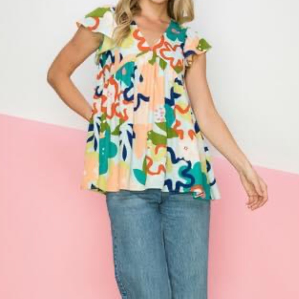 Multicolored babydoll style top. Size Large